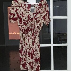 Red and Cream Midi Sundress with Puff Sleeves and V-neck